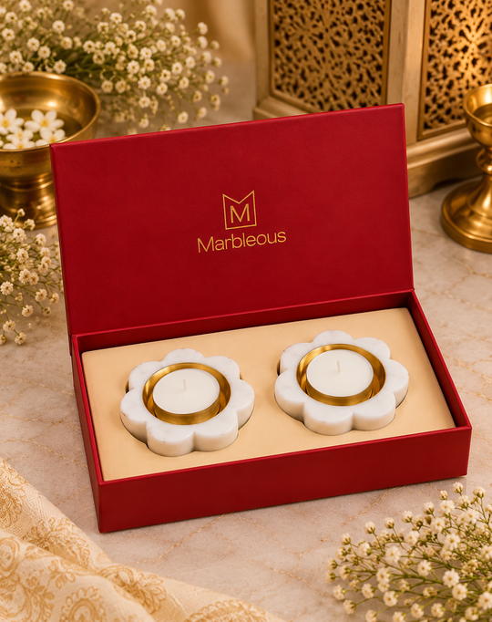Marble Flower Diya For Diwali (Set of 2) (With Gift Box)