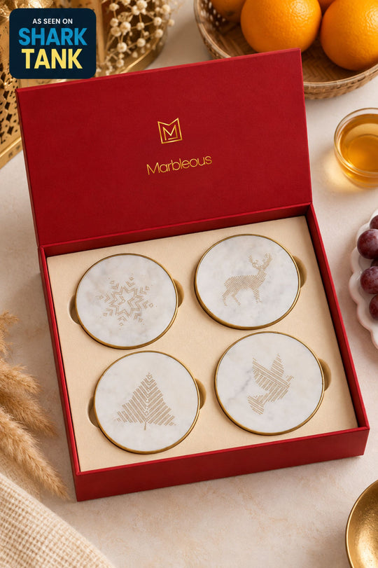 Marble Coasters Brass Ring WHITE - Christmas Theme (With Gift Box)