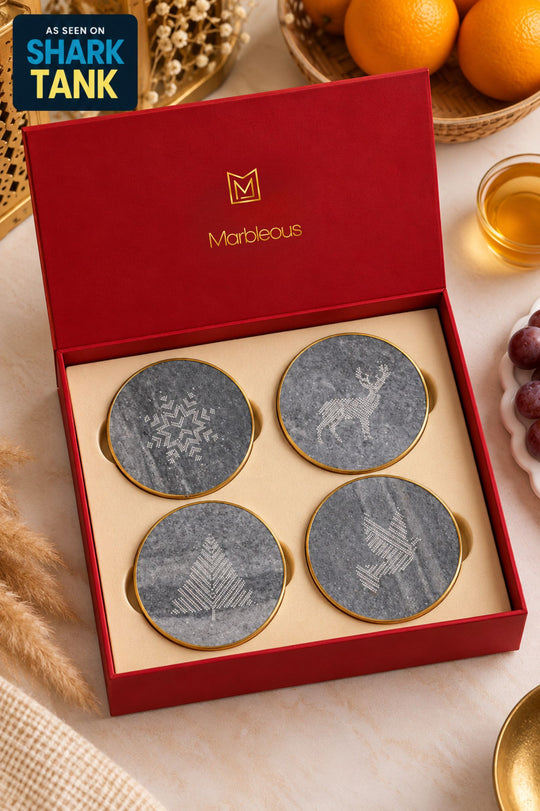 Marble Coasters Brass Ring Grey- Christmas Theme (With Gift Box)