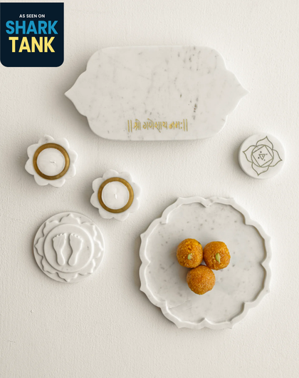 Marble Spiritual Combo Gift Set - Chowki, Agarbatti Stand, Footprint, Bhog Thali & Diyas