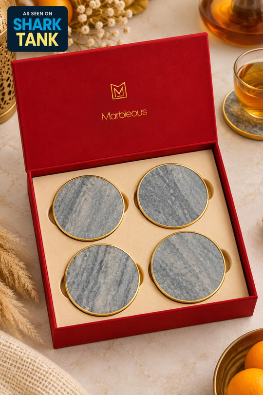 Marble Brass Ring Coasters - Grey (Set of 4) (With Gift Box)