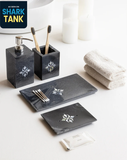 Black Marble Bathroom Set with White-Yellow Mother of Pearl