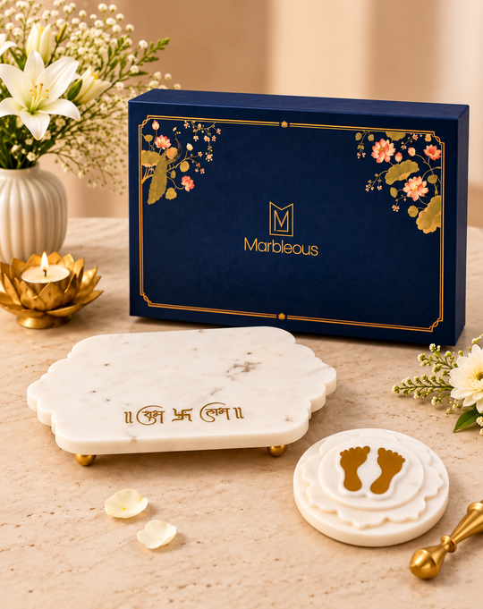Marble Shubh Labh Tray & Marble Brass Footprint (With Gift Box)