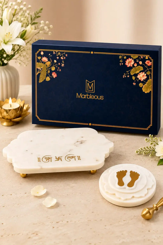 Marble Shubh Labh Tray & Marble Brass Footprint ( Choose Options) Gift Hampers