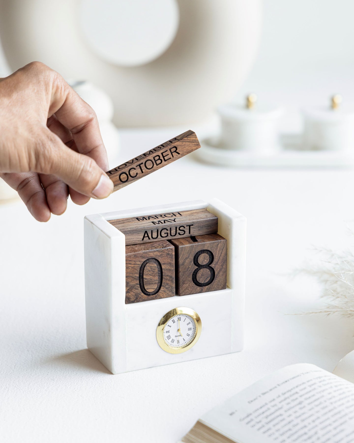 Table Top Calendar Clock Marble Wood Table clock - Calendar