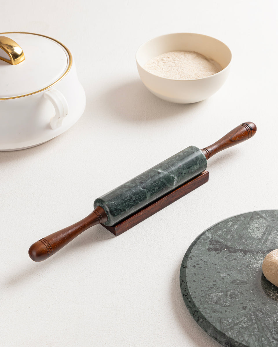 Rolling Pin - White Marble Rolling Pin with Wooden Rest