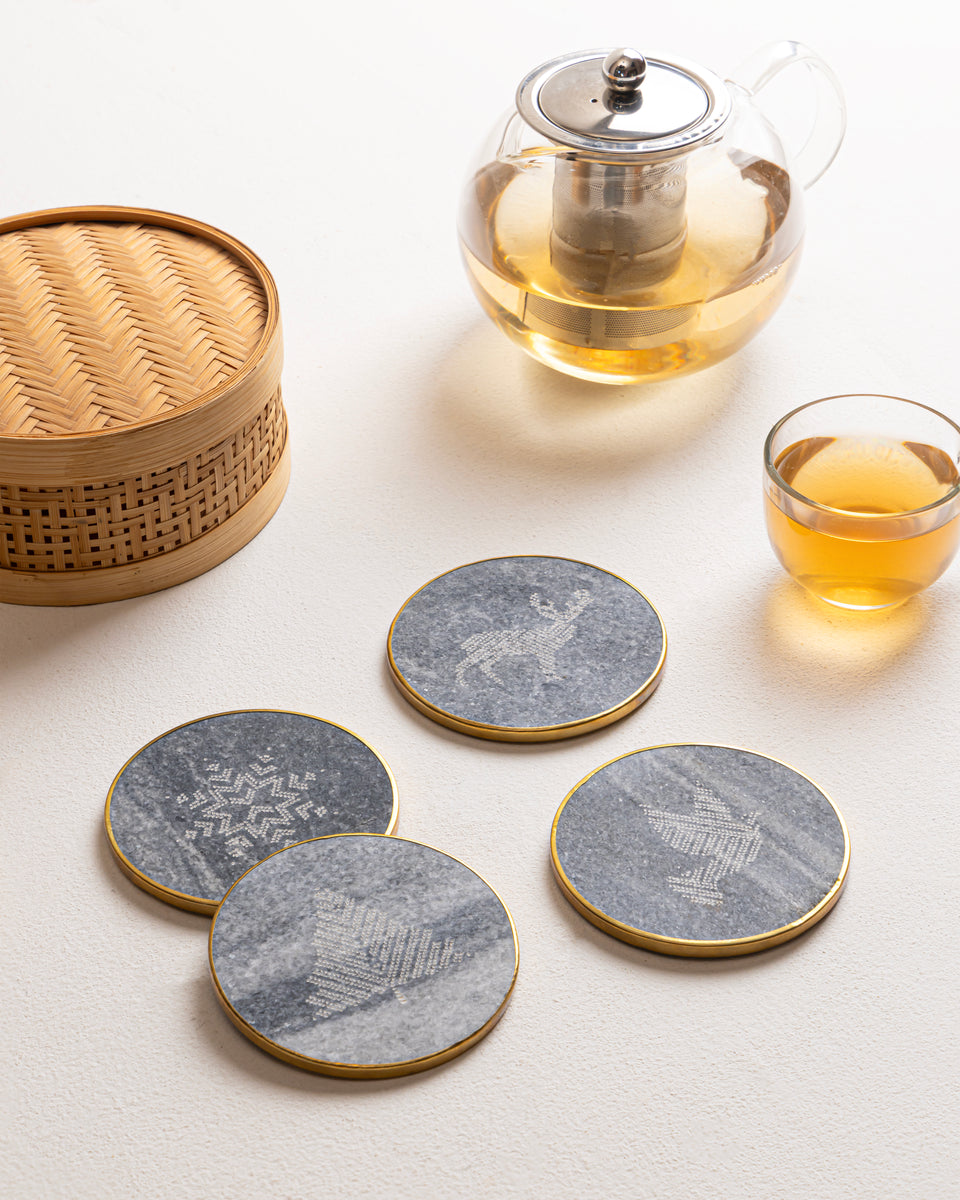 Counter Coaster Rings Marble Coasters Brass Ring Grey- Christmas Theme