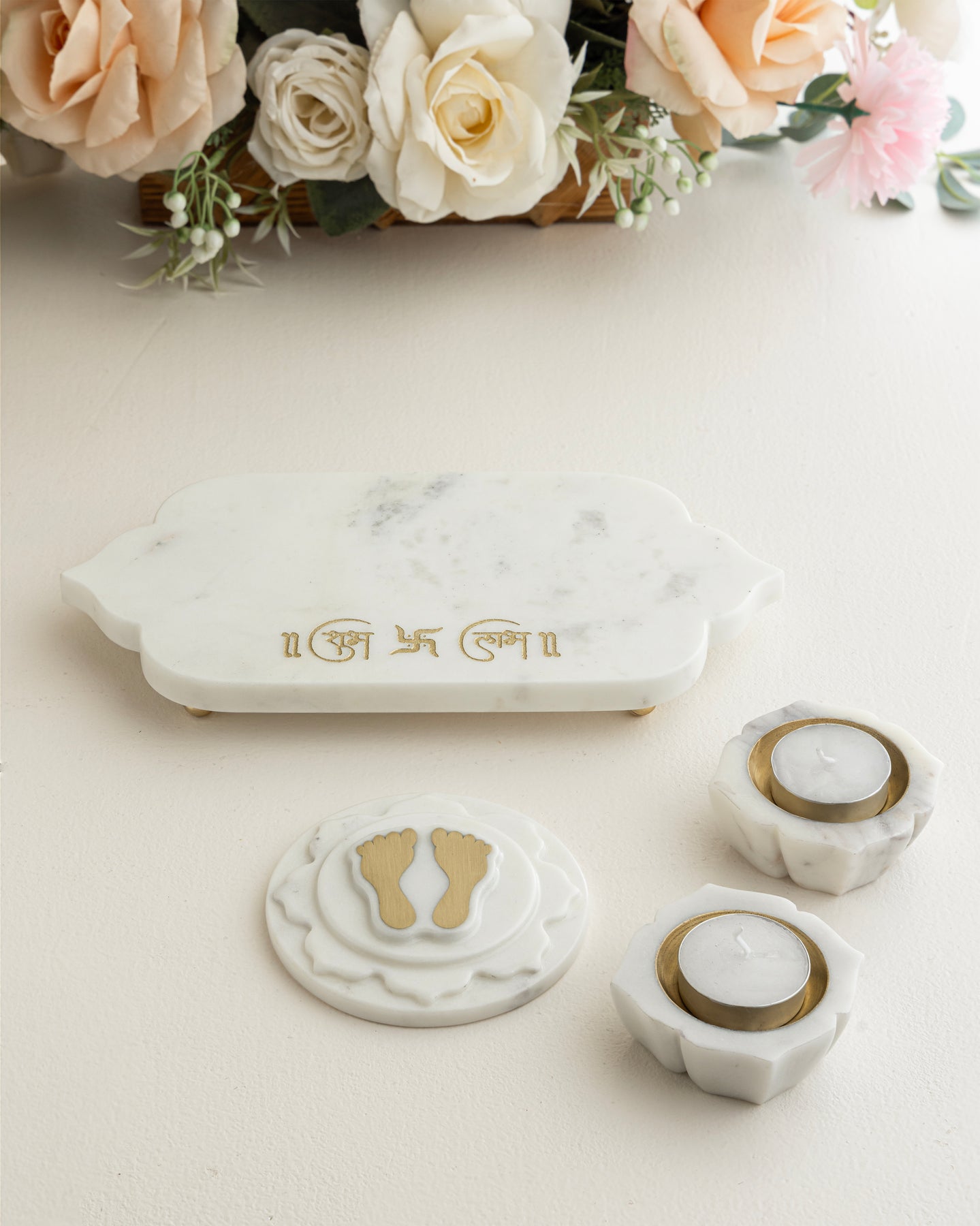 POOJA COMBO BOX (Shubh Labh Tray, Footprint, 2 Diyas)