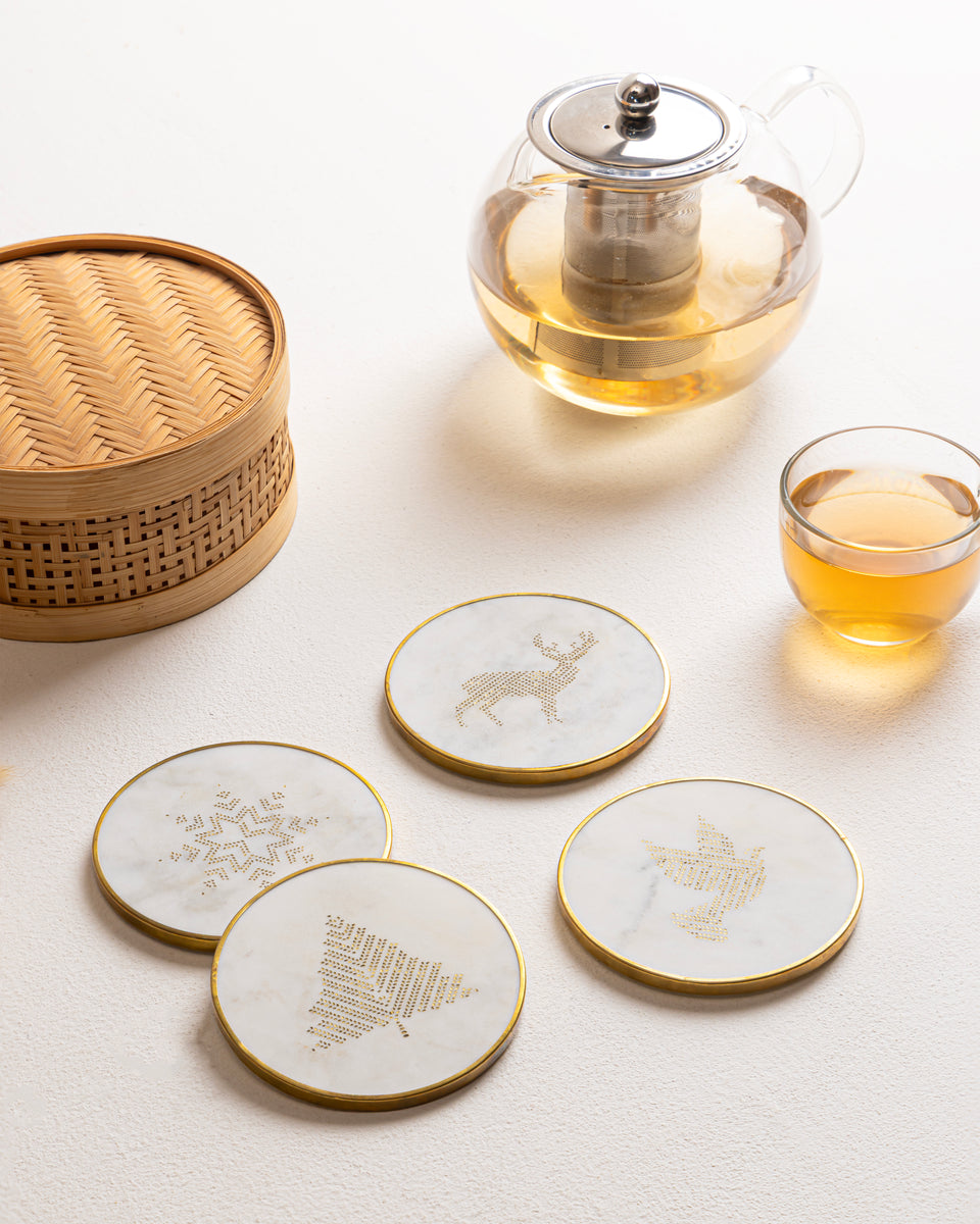 Marble Coasters Brass Ring WHITE - Christmas Theme