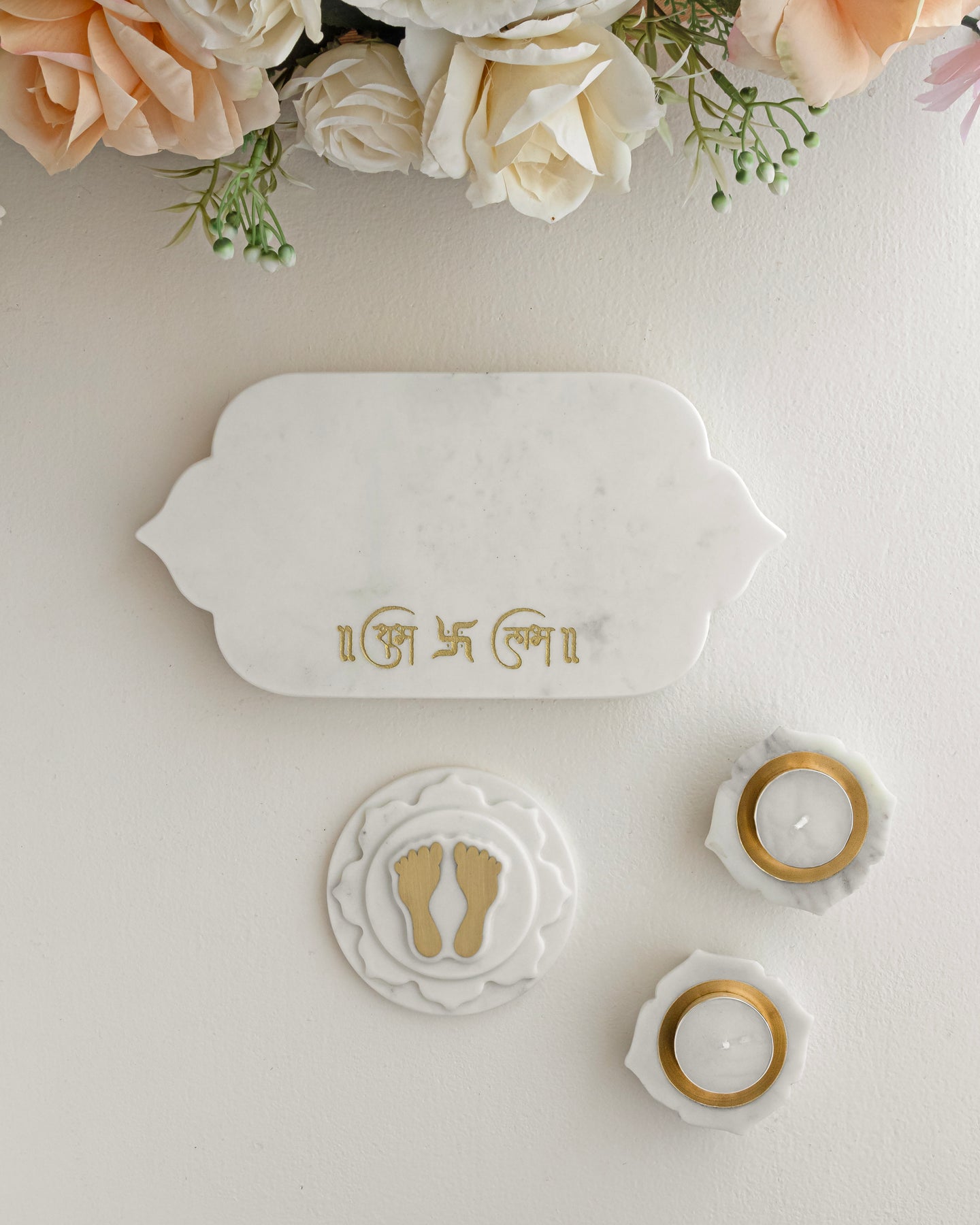 POOJA COMBO BOX (Shubh Labh Tray, Footprint, 2 Diyas)