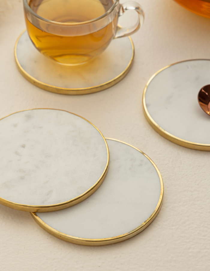 Counter Coaster Rings Marble Ring Brass Coasters - White (Set of 4)