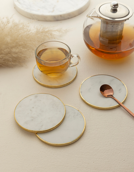 Marble Ring Brass Coasters - White (Set of 4)